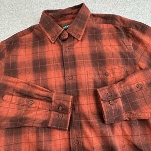 Orvis Mid Weight Flannel Mens‎ Large Orange Brown Plaid Cotton Modern Grunge